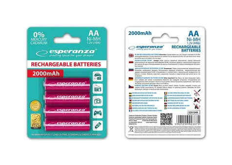 Esperanza Nabíjecí baterie AA červená / 1.2V / 2000mAh / Ni-MH / 4 ks / v blisteru
