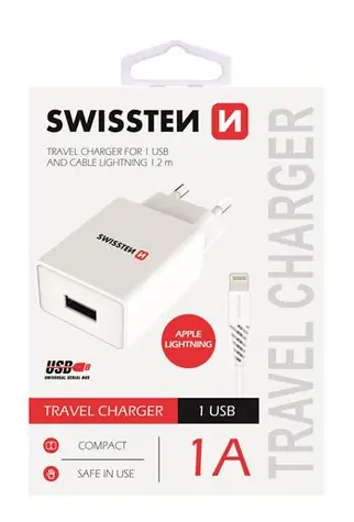 SWISSTEN SMART IC síťový adaptér 1x USB 1A POWER + datový kabel USB - Lightning 1.2m bílá