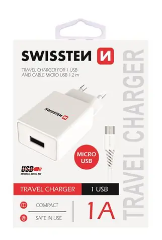 SWISSTEN SMART IC síťový adaptér 1x USB 1A POWER + datový kabel USB - microUSB 1.2m bílá