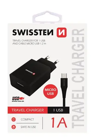 SWISSTEN SMART IC síťový adaptér 1x USB 1A POWER + datový kabel USB - microUSB 1.2m černá