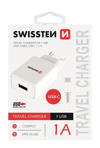 SWISSTEN SMART IC síťový adaptér 1x USB 1A POWER + datový kabel USB - USB-C 1.2m bílá