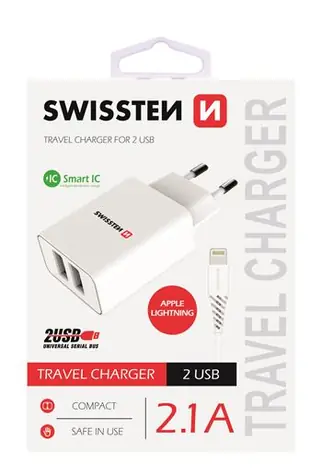 SWISSTEN SMART IC síťový adaptér 2x USB 2.1A POWER + datový kabel USB - Lightning 1.2m bílá