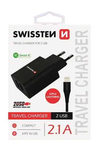 SWISSTEN SMART IC síťový adaptér 2x USB 2.1A POWER + datový kabel USB - Lightning 1.2m černá