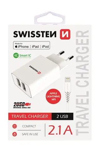 SWISSTEN SMART IC síťový adaptér 2x USB 2.1A POWER + datový kabel USB - Lightning MFi 1.2m bílá