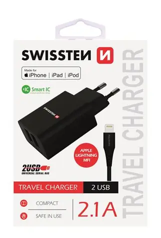 SWISSTEN SMART IC síťový adaptér 2x USB 2.1A POWER + datový kabel USB - Lightning MFi 1.2m černá