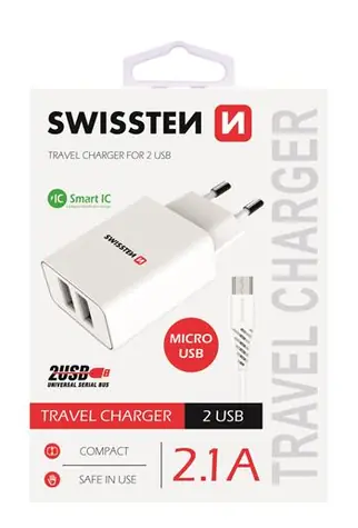 SWISSTEN SMART IC síťový adaptér 2x USB 2.1A POWER + datový kabel USB - microUSB 1.2m bílá