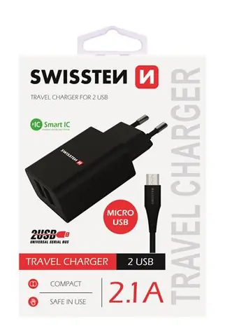 SWISSTEN SMART IC síťový adaptér 2x USB 2.1A POWER + datový kabel USB - microUSB 1.2m černá