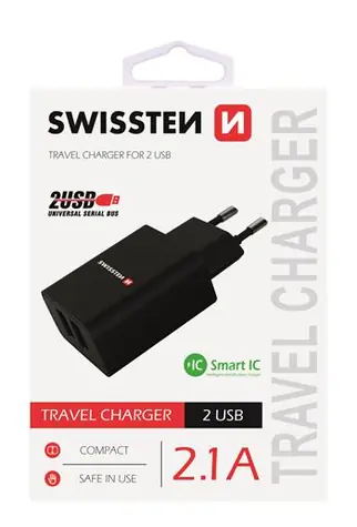 SWISSTEN SMART IC síťový adaptér 2x USB 2.1A POWER černá