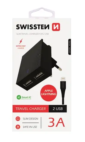 SWISSTEN SMART IC síťový adaptér 2x USB 3A POWER + datový kabel USB - Lightning 1.2m černá