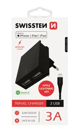 SWISSTEN SMART IC síťový adaptér 2x USB 3A POWER + datový kabel USB - Lightning MFi 1.2m černá