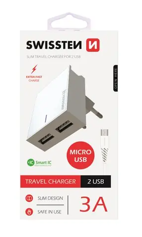 SWISSTEN SMART IC síťový adaptér 2x USB 3A POWER + datový kabel USB - microUSB 1.2m bílá