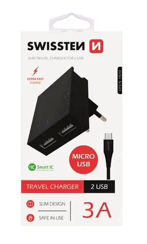 SWISSTEN SMART IC síťový adaptér 2x USB 3A POWER + datový kabel USB - microUSB 1.2m černá
