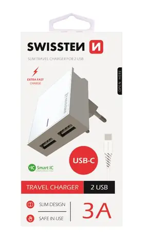 SWISSTEN SMART IC síťový adaptér 2x USB 3A POWER + datový kabel USB - USB-C 1.2m bílá