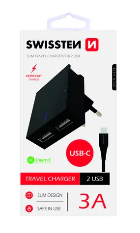 SWISSTEN SMART IC síťový adaptér 2x USB 3A POWER + datový kabel USB - USB-C 1.2m černá