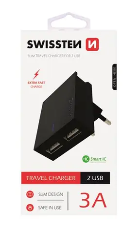 SWISSTEN SMART IC síťový adaptér 2x USB 3A POWER černá