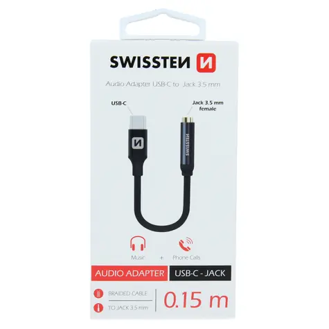 SWISSTEN TEXTILE audio adaptér USB-C na JACK (samice) 0.15m černá
