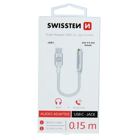 SWISSTEN TEXTILE audio adaptér USB-C na JACK (samice) 0.15m stříbrná