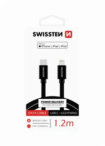 SWISSTEN TEXTILE datový kabel USB-C - LIGHTNING MFi 1.2m černá