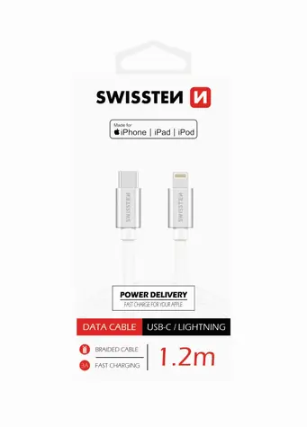 SWISSTEN TEXTILE datový kabel USB-C - LIGHTNING MFi 1.2m stříbrná