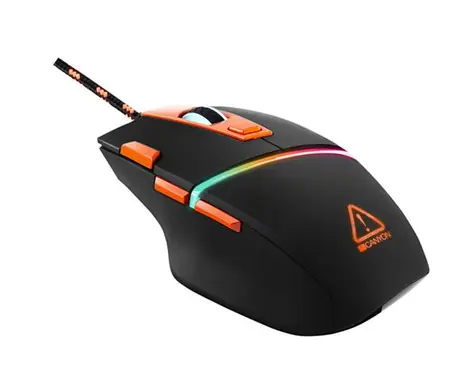 CANYON Sulaco černá-oranžová / Herní optická myš / 4200 DPI / 7 tlačítek / RGB podsvícení / USB / 1.65 m