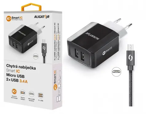 Aligator Chytrá síťová nabíječka 3.4A micro USB kabel 2A černá/ 2xUSB / smart IC