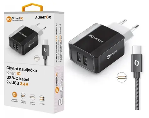 Aligator Chytrá síťová nabíječka 3.4A USB-C  kabel černá/ 2xUSB / smart IC