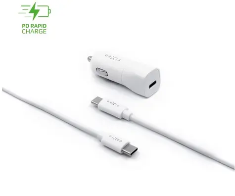 FIXED USB-C autonabíječka + USB-C na USB-C kabel bílá / 18W / 1x USB-C / Power Delivery / do autozapalovače