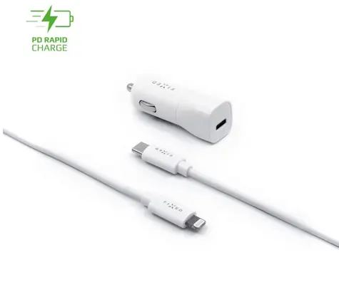 FIXED USB-C autonabíječka + USB-C na Lightning kabel bílá / 18W / 1x USB-C / Power Delivery / MFI / kabel 1 m