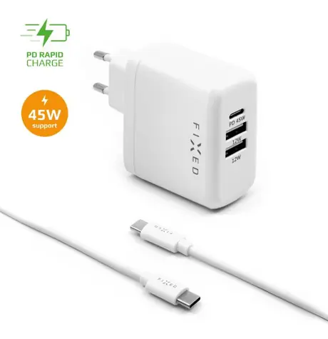 FIXED USB síťová nabíječka + USB-C na USB-C kabel bílá / 45W / 1x USB-C+2x USB-A / Power Delivery / kabel 1 m