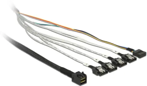 DeLock kabel mini SAS HD SFF-8643 > 4 x SATA 7 pin + Sideband 0.5 m kovová spona