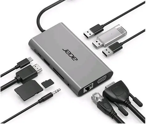 Acer USB-C Dongle 10-in-1 stříbrná / 3xUSB 3.0 / 3xUSB-C PD / HDMI / VGA / LAN / čtečka SD+microSD karet 