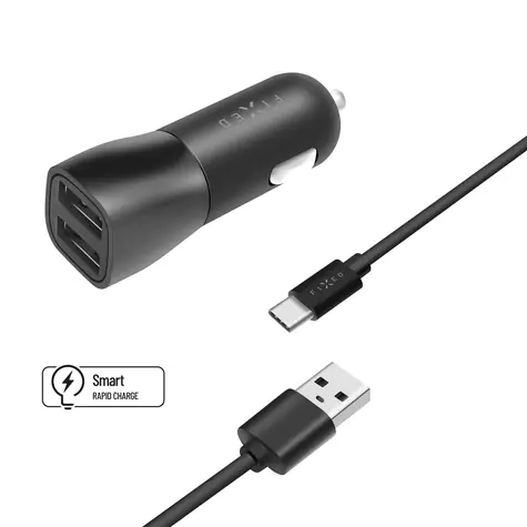 FIXED Set autonabíječky 15W s 2xUSB výstupem a USB - USB-C kabelu 1m černá / Smart Rapid Charge