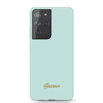 GUESS Silicone Metal Logo Script Zadní Kryt pro Samsung Galaxy S21 Ultra světle modrá