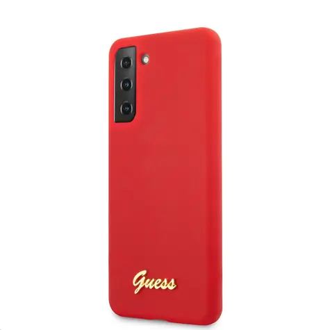 GUESS Silicone Metal Logo Script Zadní Kryt pro Samsung Galaxy S21+ červená