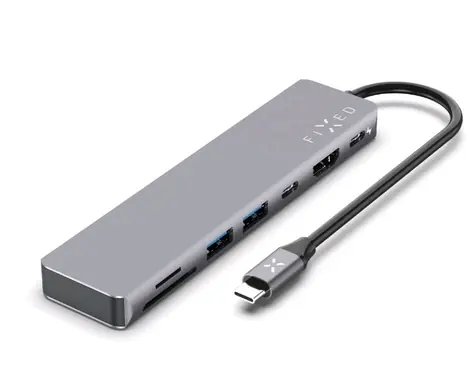 FIXED HUB Card 7-portový hliníkový USB-C hub pro notebooky a tablety / šedá