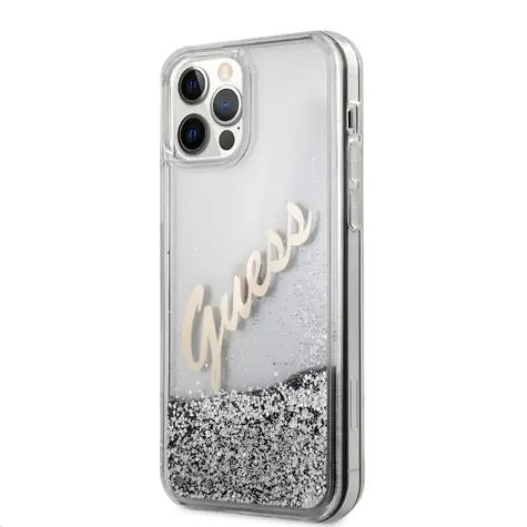 GUESS Liquid Glitter Vintage Zadní Kryt pro Apple iPhone 12 Pro Max stříbrná