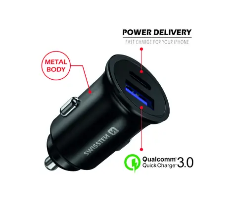 SWISSTEN METAL CL adaptér  USB-C + USB černá / POWER DELIVERY / QUICK CHARGE 3.0 36W