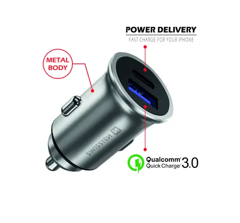 SWISSTEN METAL CL adaptér  USB-C + USB stříbrná / POWER DELIVERY / QUICK CHARGE 3.0 36W