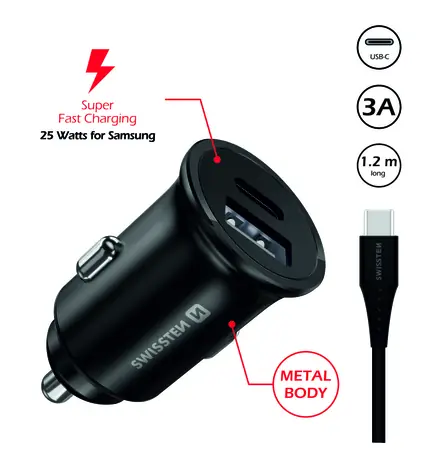 SWISSTEN CL adaptér  2x USB+ USB-C kabel 25W černá / SUPER CHARGE 25W 