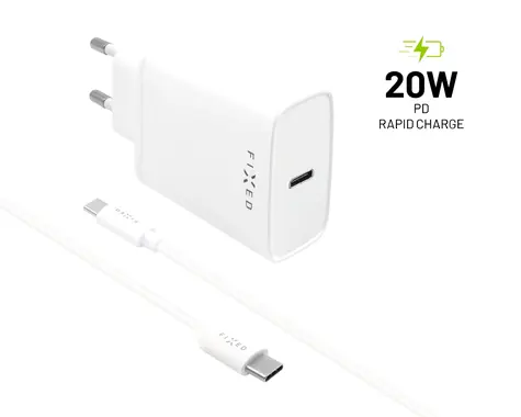 FIXED Set síťové nabíječky s USB-C výstupem a USB-C & USB-C kabelu bílá / podpora PD / 1 metr / 20W 
