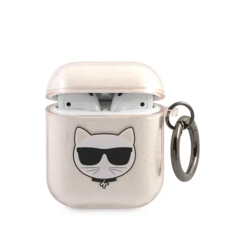 Karl Lagerfeld TPU Glitter Choupette Head Pouzdro pro Airpods 1 & 2 zlatá