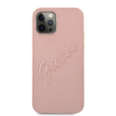 GUESS PU Saffiano Vintage Script Zadní Kryt pro Apple iPhone 12 Pro Max růžovo-zlatá