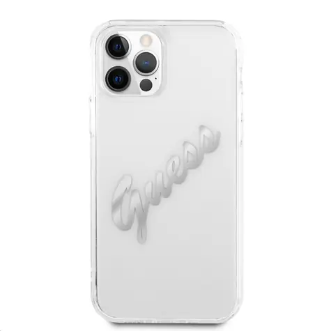 GUESS PU Vintage Script Silver Logo Zadní Kryt pro Apple iPhone 12 Pro Max transparentní
