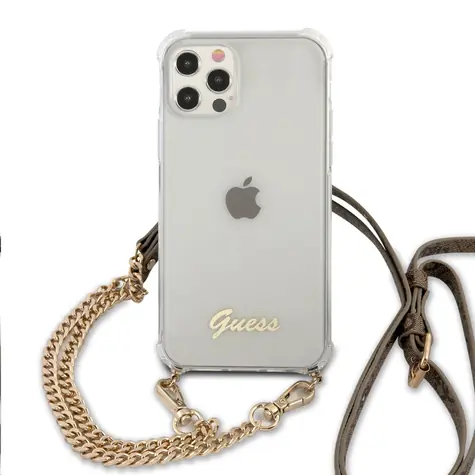 GUESS PC Gold 4G Chain and Script Zadní Kryt pro Apple iPhone 12 & 12 Pro transparentní