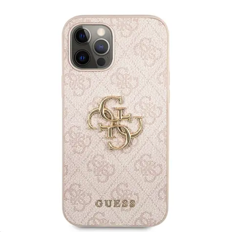 GUESS PU 4G Metal Logo Zadní Kryt pro Apple iPhone 12 & 12 Pro růžová