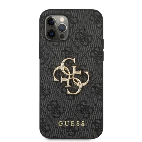 GUESS PU 4G Metal Logo Zadní Kryt pro Apple iPhone 12 & 12 Pro šedá