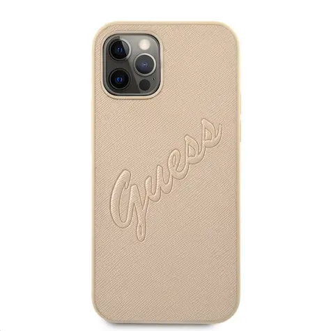 GUESS PU Saffiano Vintage Script Zadní Kryt pro Apple iPhone 12 & 12 Pro zlatá
