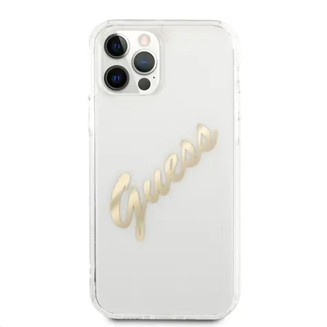 GUESS PU Vintage Script Gold Logo Zadní Kryt pro Apple iPhone 12 & 12 Pro transparentní