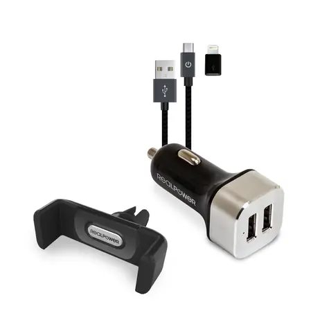 RealPower Mobile Car Set / Držák telefonu a 2 portová USB nabíječka / microUSB na Lightning