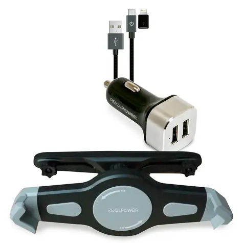 RealPower Tablet Car Set / Držák tabletu a 2 portová USB nabíječka / microUSB na Lightning